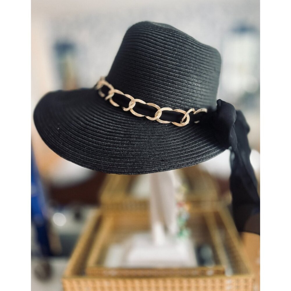 HBY Miami BLACK Hat M/L Paper Straw Gold Chain Band Bow Sun Beach Cruise Vaca